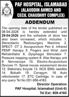 Supply of Medical Equipment for PAF Hospital, Islamabad -  PAF Hospital, Islamabad (Alauddin Ahmed and Cecil Chaudhry Complex), Unit-II